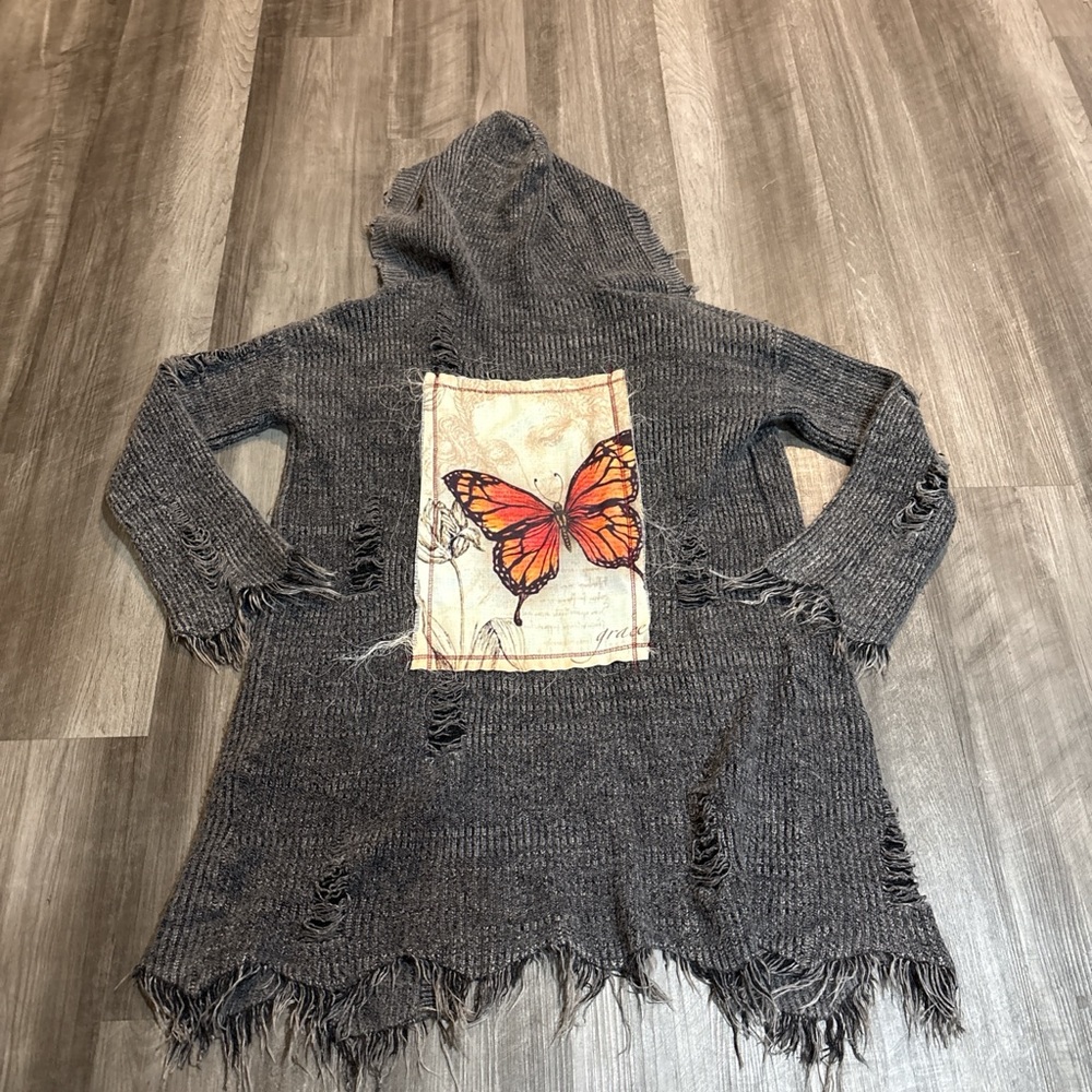 Gray Hooded Sweater Cardigan with Butterfly Design